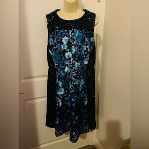 Roz & Ali Dressbarn Black Blue Floral Fit & Flare Scuba Sleeveless Dress 14